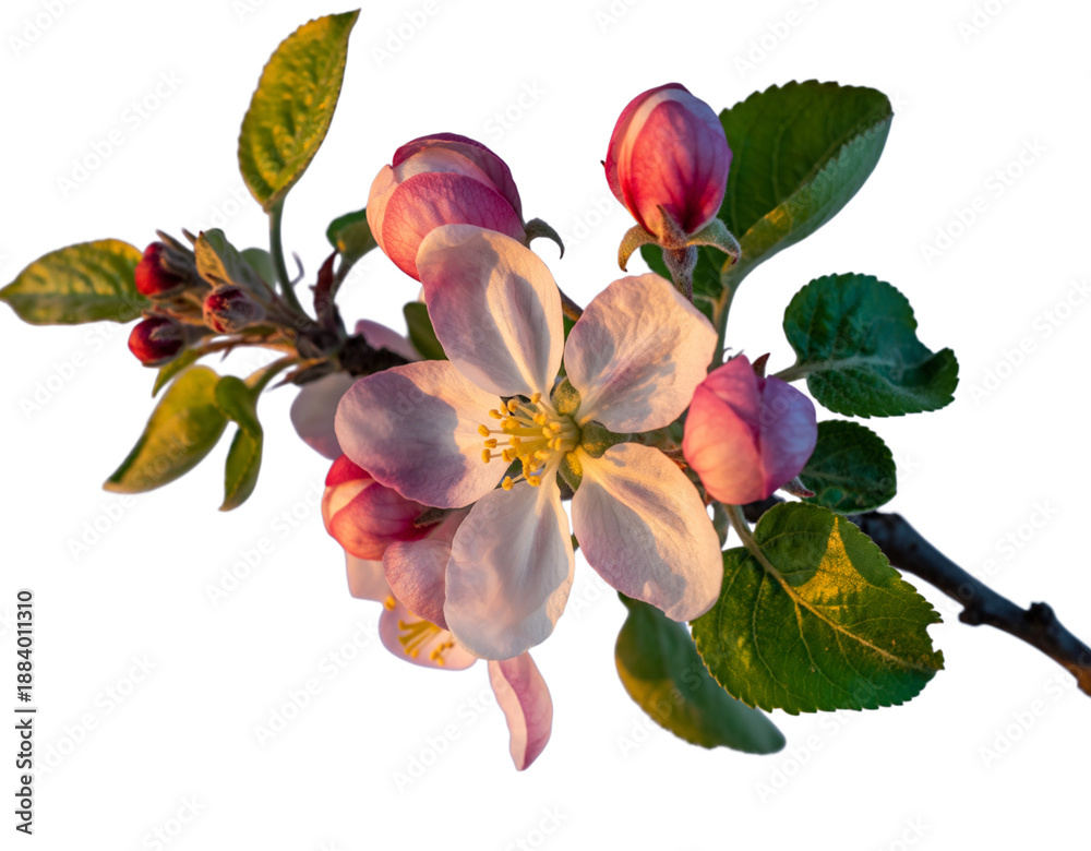 Naklejka premium Apple Blossom Flower Buds Branch Green Leaves Black Background bloom flowering