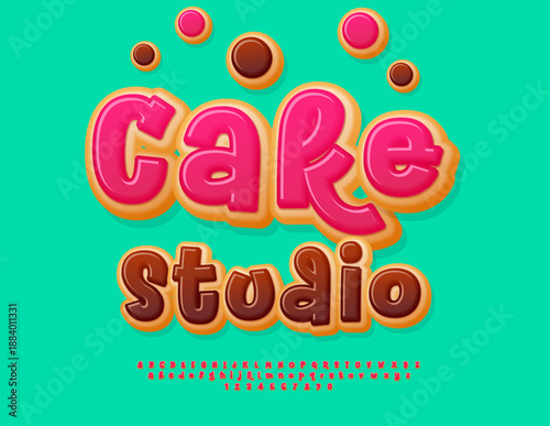 Vector Delicious label Cake Studio. Funny Sweet Donut Font. Tasty Handwritten Alphabet Letters and Numbers set
