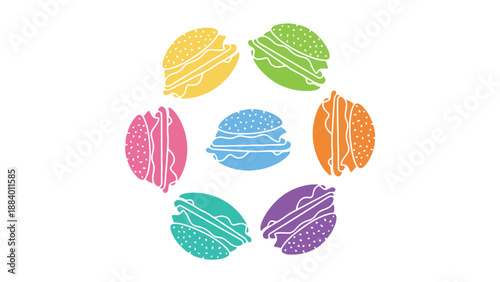 A colorful illustration of macarons in various vibrant colors and designs