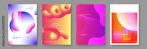 Collection of four abstract backgrounds featuring purple-blue gradients pink geometric arches yellow 3D swirls and red-orange blurred squares