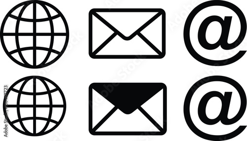 Internet globe email envelope and at symbol icons vector illustration set representing communication contact networking digital technology concepts