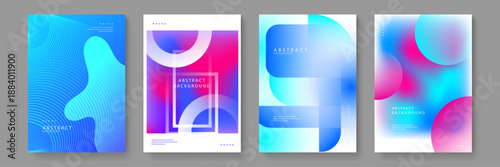 Blue themed posters with concentric line circles, geometric transparencies, and pink blurred light leaks