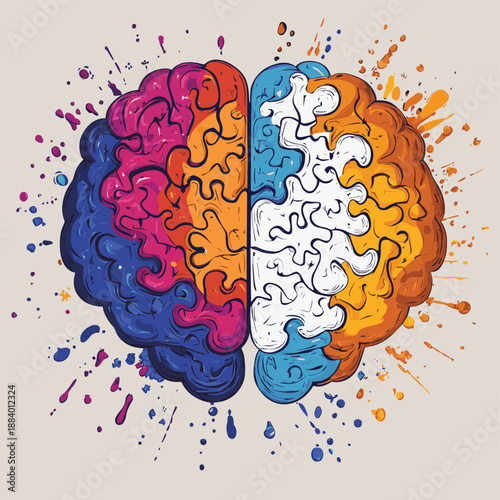 Brain. Right and left hemisphere responsible for creativity and logic. splash and puzzles , vector style simple color