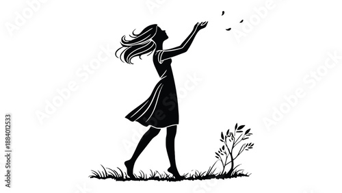 A black silhouette of a woman releasing butterflies into the air