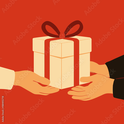 Hand giving a gift box flat vector