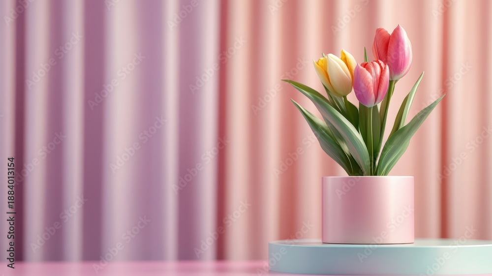 Obraz premium A colorful tulip set on a rainbow podium with a shimmering curtain backdrop.