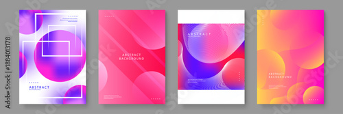 Collection of vibrant posters with glowing purple spheres, solid red diagonals, and detailed mesh wave structures