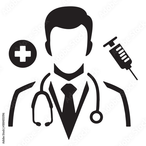 This black and white graphic depicts a medical professional, likely a doctor, represented as an icon. The figure wears a collared shirt, tie, and a stethoscope draped around their neck. The image 