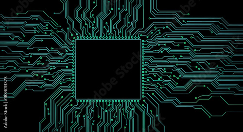 Abstract representation of an advanced electronic circuit board, featuring intricate green data pathways radiating from a central processing unit, symbolizing connectivity and digital innovation