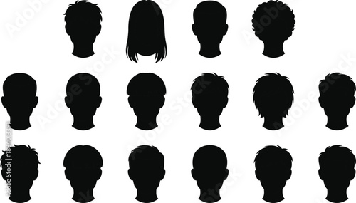Male and female head silhouette avatar collection with diverse hairstyles minimalist black vector illustration for profile icons design usage branding