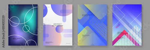 Modern abstract covers with a mix of deep blue teal and soft lavender purple geometric shapes and lines