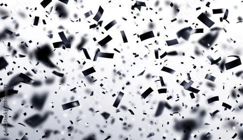 Abstract black and white floating confetti pieces against a light background creating a dynamic festive atmosphere