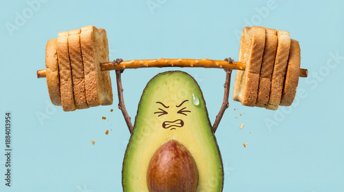Metaphor for healthy fats vs carbs. An avocado doing a strength exercise with bread
