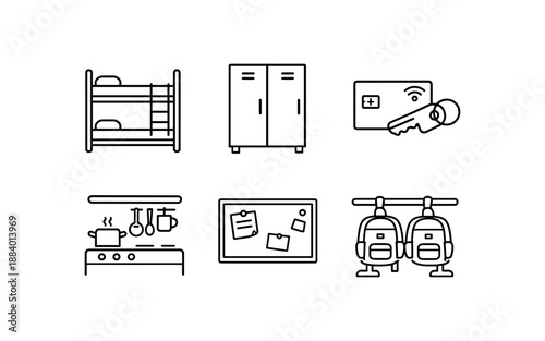 Set of icons representing hostel amenities and services for travelers