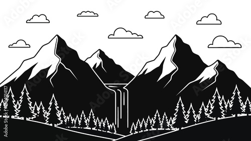 A black and white illustration of a mountain landscape with trees and clouds