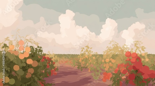 Illustration of a garden with a dirt path winding through it. the path is surrounded by rows of plants with orange and red flowers.