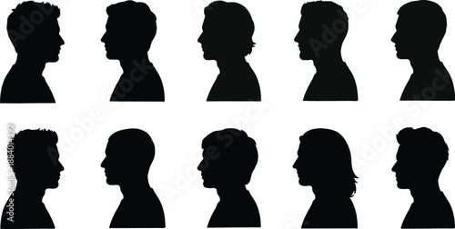 Male profile silhouette collection showing different hairstyles side view head portraits for user interface identity social media vector design