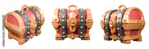 Canvastavla Set of 3D Red Warrior Treasure Chest: Stylized Iron-Clad Game Asset