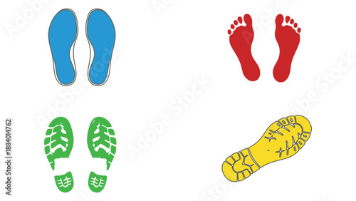 A colorful illustration of various footprints and shoe soles on a white background