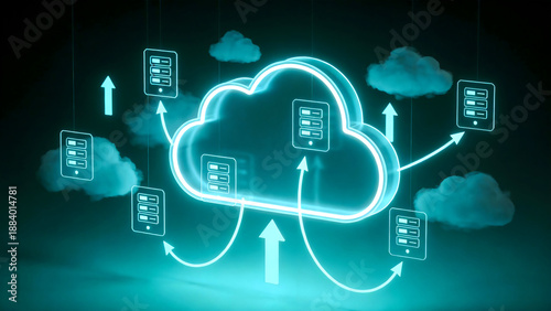 Futuristic Cloud Computing Technology Concept with Neon Data Symbols and Glowing Arrows