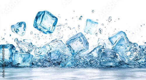 Ice Cubes Splashing into Water with Flying Drops for Fresh Beverage or Cooling Effect