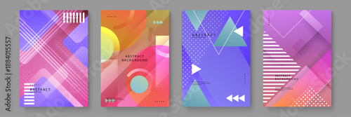 Collection of abstract backgrounds featuring dotted patterns and triangular shapes with a focus on lavender and peach color palettes