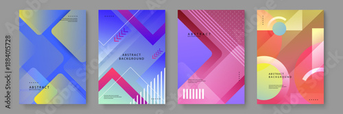 Collection of abstract background posters with strong diagonal focus and layered shapes in deep blue and magenta tones
