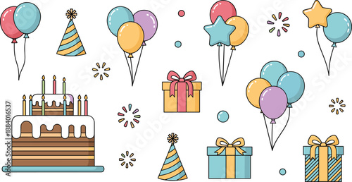 Birthday Celebration Illustration Set with Cake, Balloons, Gift Boxes, Party Hats, Stars, and Festive Elements for Invitations, Events, and Greeting Designs