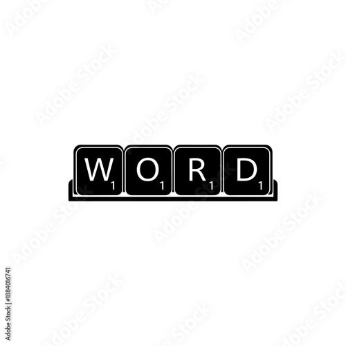 flat vector silhouette icon of scrabble letter tiles spelling WORD, solid black, white background, minimalist design