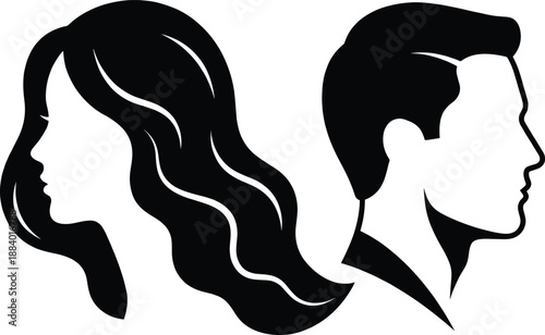 Minimal male and female profile silhouettes vector illustration representing relationships identity contrast modern avatar design isolated black white background style