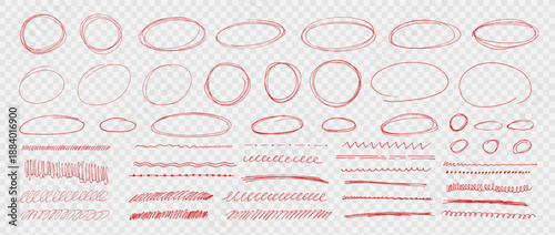 Hand drawn red pen collection showing round circle underline marks with doodle lines and strokes. Bundle of highlight text and scribble oval line. Vector set kit on like transparent png bg.