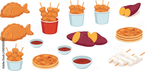 Asian Street Food Illustration Set with Taiyaki Fish Pastries, Sweet Potatoes, Pancakes, Skewers, Dipping Sauces, and Traditional Market Snacks