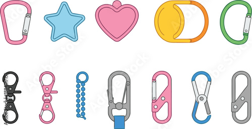 Carabiner clip vector set with colorful keychain hooks fasteners and metal snap accessories isolated illustration