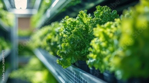Fresh and Vibrant Leafy Green Lettuce Grows in Hydroponic Vertical Farm Shelves Under Bright Lights