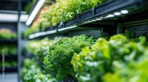 Fresh Green Leafy Vegetables Displayed on Shelves in Modern Indoor Hydroponic Farming Facility