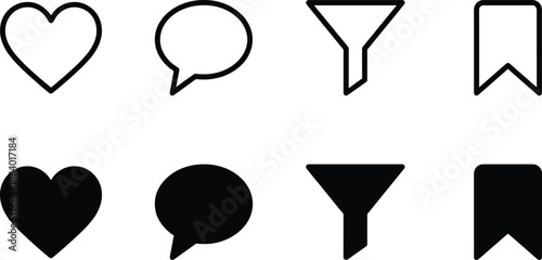 Minimal user interface icon set including heart chat filter bookmark outline and solid symbols for mobile app web design vector