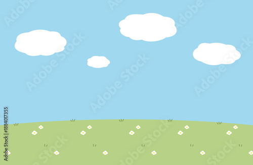 かわいい絵本風の青空と雲と草花の背景画像　晴れた空と草原のメルヘンな背景素材ベクターイラスト　