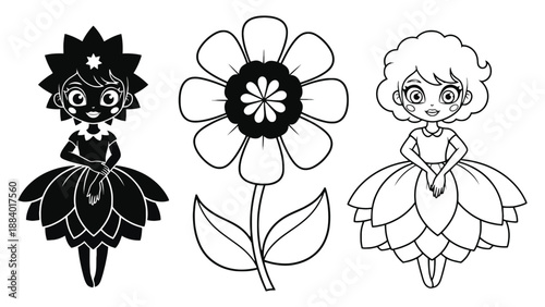 A black and white illustration of two cartoon girls and a flower