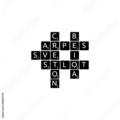 flat silhouette vector icon of scrabble tiles forming a crossword layout, solid black, white background