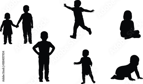 Silhouette, children, play, jump, run, crawl, walk, sit, posture, gesture, icon, black, white, activity, fun, movement, emotion, pose, figure, development, expressive