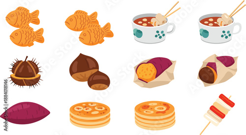 Asian Street Food Illustration Set Featuring Taiyaki Fish Cakes, Sweet Potatoes, Soups, Skewers, Pancakes, and Traditional Seasonal Snacks
