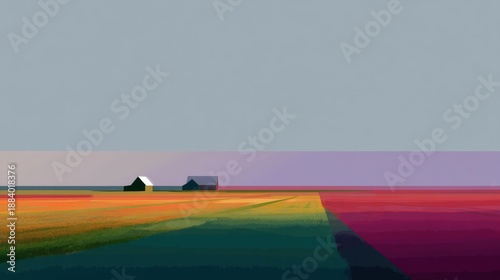 Abstract landscape with a vast expanse of colorful fields. the sky is a light blue color with a gradient effect, and the horizon line is visible in the distance.