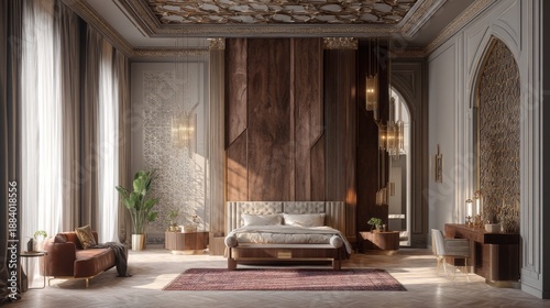 Modern Elegant Bedroom Interior Design with Warm Tones and Luxurious Décor Featuring Textured Walls and Cozy Furnishings