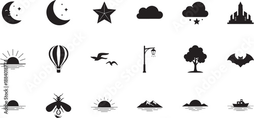 Black and white sketched of nature and including moon, star, city, and animals sketched moon crescent moon