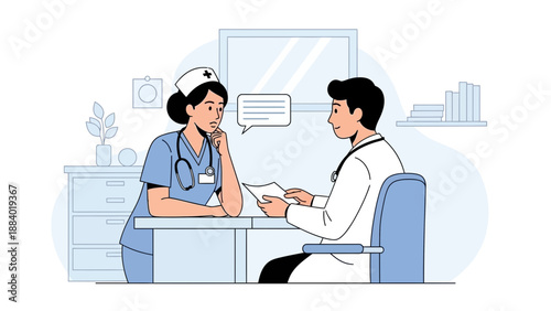 Doctor and Nurse Discussing Medical Case at Desk