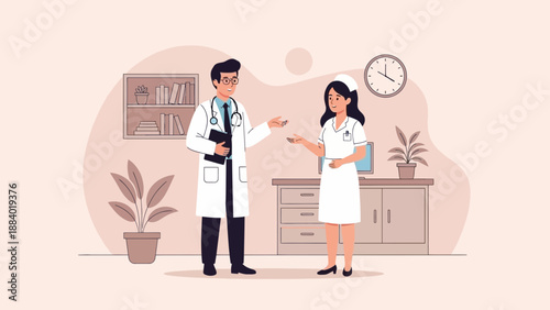Doctor and nurse discussing in modern clinic office, healthcare professionals