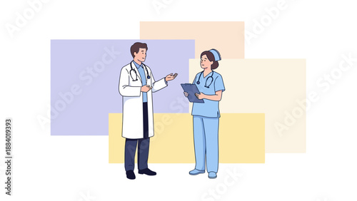Doctor and Nurse Discussing Medical Case with Stethoscope and Clipboard