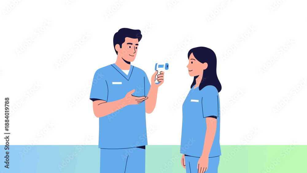 Obraz premium Doctor checking patient's temperature with infrared thermometer, medical checkup