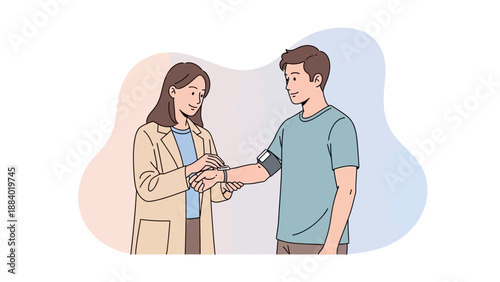 Doctor checking patient's blood pressure with monitor, healthcare concept illustration