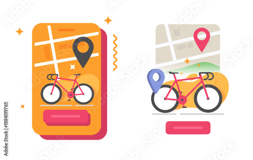 Bike rental app icon, mobile phone bicycle sharing location gps map navigation service technology ui ux interface modern graphic illustration design, travel tour guide route for cycling city transport